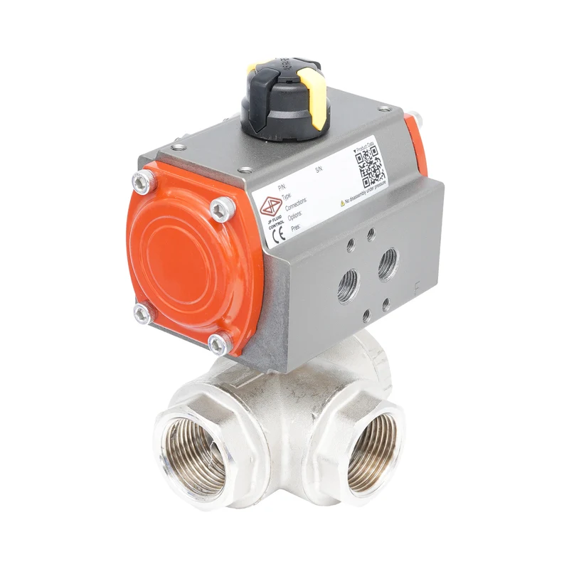 Vanne à bille pneumatique 3 voies à alésage en L en laiton Rp 1 1/2" - à double effet