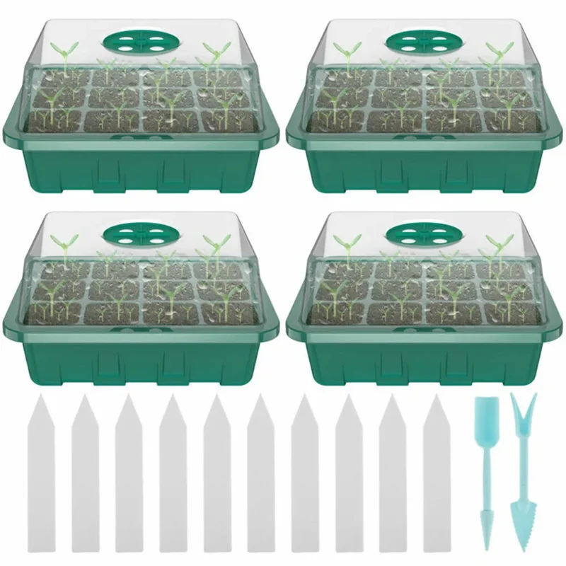 4-Pack Seed Starter Trays with Humidity Dome | 48-Cell Mini Indoor Greenhouse Kit & Plant Propagation Box with Tags, Dibber Tools and Adjustable Vents